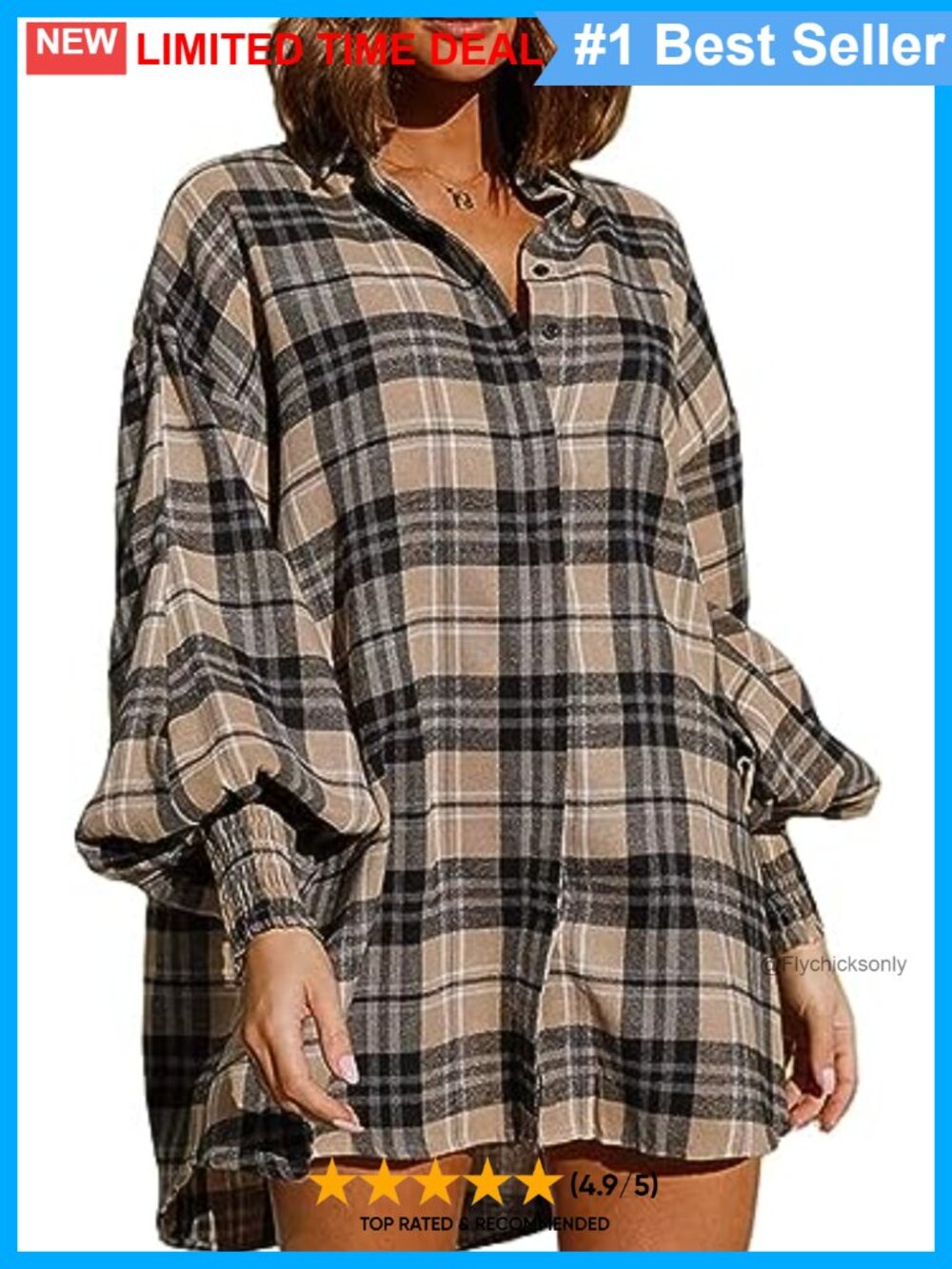 Plaid Flannel Button Down Mini Shirt Dress Lantern Sleeve Casual